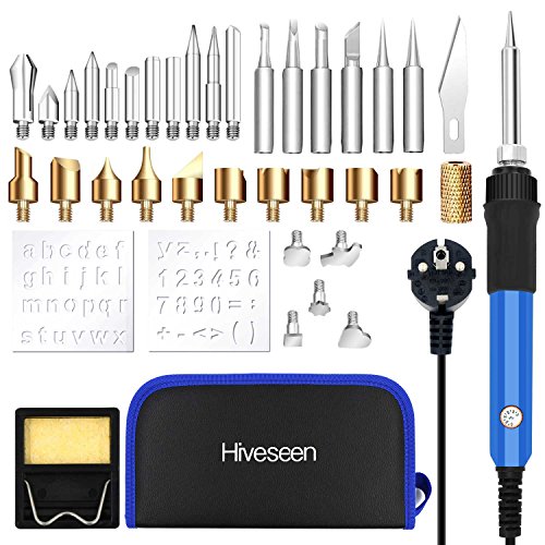 Hiveseen 37PCs Kit Pirograbador de Madera, 60W Temperatura Regulable, 140cm Cable de Energía, con 33 Puntas y Accesorios, Soldador Pirografo Electrico Profesional Para Madera, Cuero, Escultura Grabado