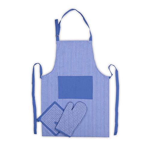 Homevibes Set Juego De Delantal Guante De Cocina Y Agarradera con Tira De Cuello Y Ajustable para Hornear Asar 100% Algodon Varios Modelos (Azul)