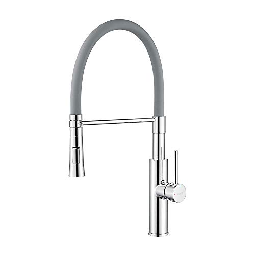 Ibergrif M22115-9 Grifo Mezclador de Cocina Profesional con Ducha de Mano y Caño Flexible, Griferia para Fregadero Monomando Extensible, Cromo, Gris/Plata