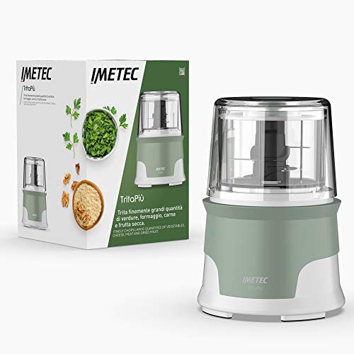 Imetec Tritapiù Picadora de alimentos, 4 cuchillas de acero inoxidable, gran contenedor de 600 ml, 18.000 rpm, Funcionamiento a presión, 1000 W, Materiales libres BPA