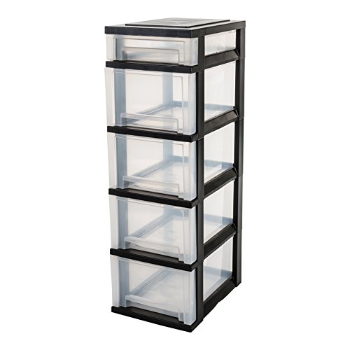 Iris Ohyama, torre de almacenamiento con 5 cajones sobre ruedas - Smart Drawer Chest - SDC-314, plástico, negro / transparente, 71 L, 29 x 39 x 92 cm