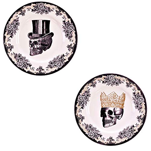 Juego 2 Platos Llanos Diseño Calaveras (28 cm) Vajilla de Platos de Lujo Moderna con Imágenes de Calavera con Corona y Cilindro, Colores Blanco, Negro y Dorado