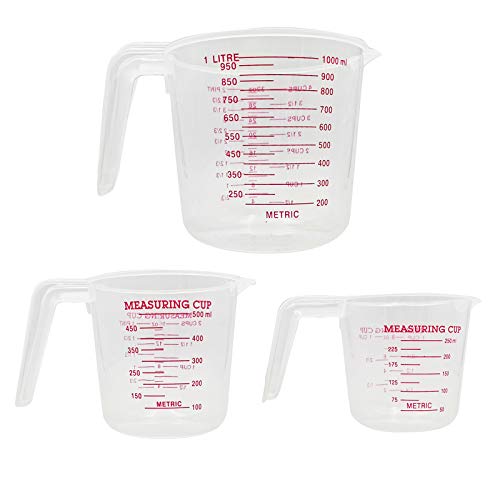 Juego de 3 Jarras Medidoras De Plástico Tazas Medidora de Plastico Transparente Vasos Medidores Vaso Medidor Jarras Medidoras Plastico Cocina para Hornear con Mango, Fácil de Leer y Medidas