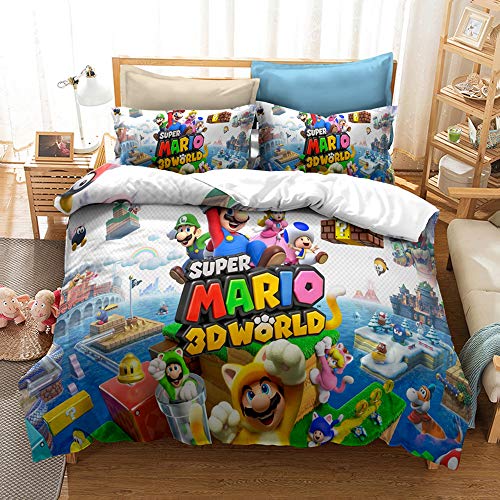 Juego de cama Mario Brothers, diseño 3D de dibujos animados de alta definición, ultra suave, funda de edredón de microfibra para niños (E, doble 200 x 200 cm)