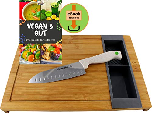 Juego de tablas de cortar de bambú Five con 2 recipientes extraíbles y cuchillo de cocina universal Quttin Santoku - libro de cocina eBook Vegan & Gut con 275 recetas listo para descargar.