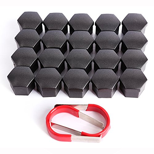 Kit de 20pcs 19mm Cromado Caperuzas Tapones Cubre Tapa Caps de Tuercas Pernos Tornillos para Rueda de Coche Llantas de Aleación y 2pcs Pinzas Herramientas para Extaer Color Negro Mate