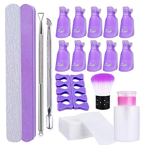 Kit de Uñas Removedor el Esmalte, 10 clip para los dedos+100 Removedor Almohadillas+2 Lima de Uñas+1Raspador+1 Empujador de Cutículas+1Cepillo para Uñas+1Botella Dispensadora+1 separadores de dedos