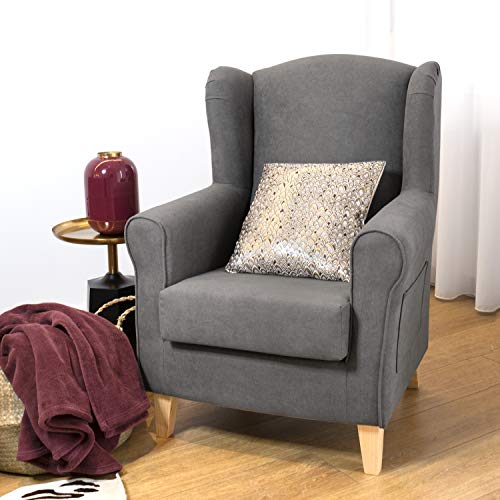 Koen Home Sillón – Tela Antimanchas – Butaca Puf para Cuarto de Estar, Dormitorio, vestidor, salón; para Ver la TV, Descansar, Lactancia,… – Fácil Lavado - Medidas 86x69x100 cm – Gris y Pata Madera