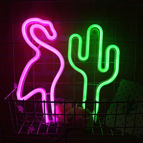 LED colgantes flamenco rosado de neón y verde cactus Neon Neon Combinación Inscripción pilas/USB con alimentación de neón luz de la noche para el dormitorio principal fiesta de cumpleaños de Navida