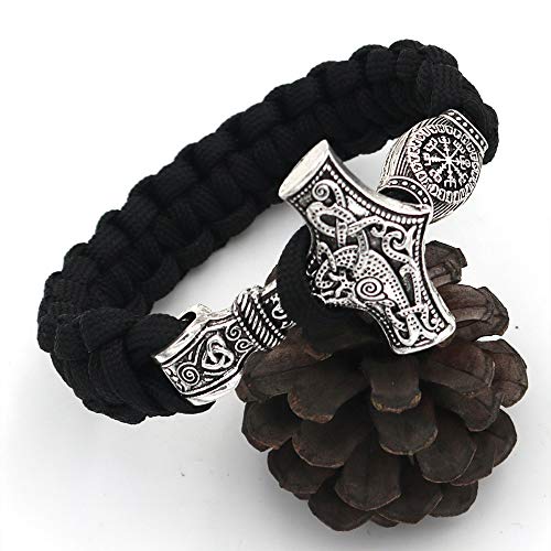 LEEFISH Vikingo Mjolnir Rosario Pulsera, Nórdico Antiguo Negro Hecho A Mano Brazalete, Lunavin El Martillo De Thor Pulsera Joyería para Hombre Y Mujer,23cm