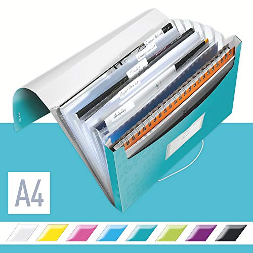 LEITZ 45890051 - Carpeta acordeón WOW PP con 6 separadores más 1 extra ancho DIN A4 color turquesa metalizado