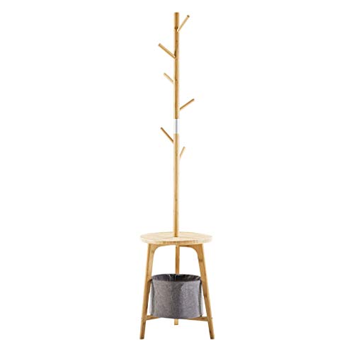 LIYONG Madera sólida Perchero 7 Árbol Ganchos de almacenamiento lateral inferior de heces de almacenamiento cesta de la ropa del bolso del sombrero libro clave for suelo de la capa resistente fácil de