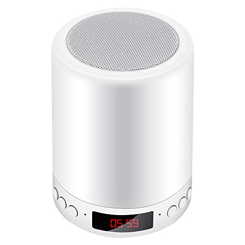 Luces nocturnas con altavoz Bluetooth, lámpara de mesilla con control táctil, reloj despertador, reproductor de MP3, lámpara de mesa LED con cambio de color RGB regulable, soporte USB/MicroSD/AUX