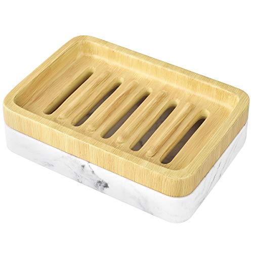 Luxspire Bandeja de Jabonera de Mármol de Resina, Caja de Contenedor con Diseño de Picos de Dos Capas, Plato de Jabón Cuadrado con Filtro de Ranura Grande para el Baño, Cocina, Ducha - Color de Bambú