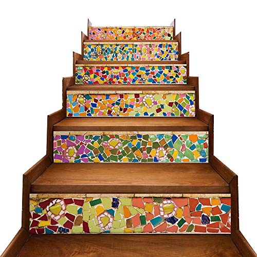 Magiin 6pcs Pegatinas Adhesivos Autoadhesivos para Escaleras Cocina Piso Baño Simulación Decoración de Pared Hogar Impermeable Extraíble Etiqueta de Pared 18x100cm (Azulejos de Colores)