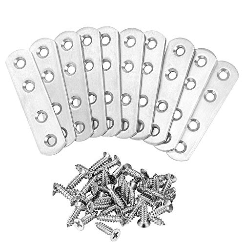 ManLee 10pcs Soportes de Placa Plana de Union Acero Soportes de Esquina Planos Inoxidable Placas de Fijación de Metal Plano para Muebles Silla de Madera Bricolaje con 40pcs Tornillos - 75 x 16 x 3mm