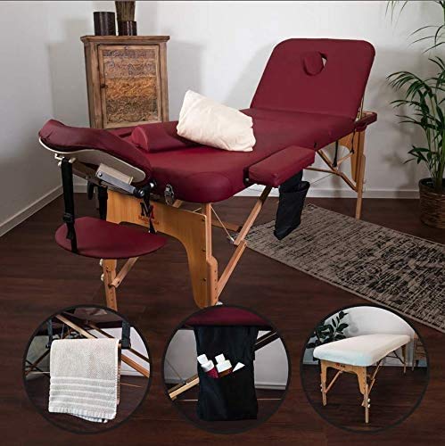 Massunda All - Tumbona de masaje plegable y de altura regulable de madera maciza, mesa de cosméticos móvil con funda de rizo, reposabrazos y respaldo, cojín cervical, reposacabezas ergonómico