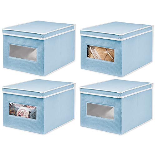 mDesign Juego de 4 Cajas de Tela – Práctico Organizador de armarios con Tapa para Dormitorio, salón o baño – Caja de almacenaje apilable de Fibra sintética Transpirable – Azul Claro/Blanco