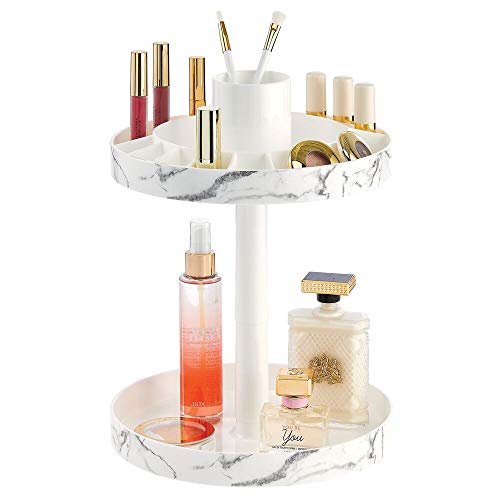 mDesign Organizador de cosméticos Giratorio – Elegantes bandejas de baño con 15 Compartimentos para lociones, cosméticos y medicamentos – Bandejas Redondas de Dos Alturas para baño – Gris mármol