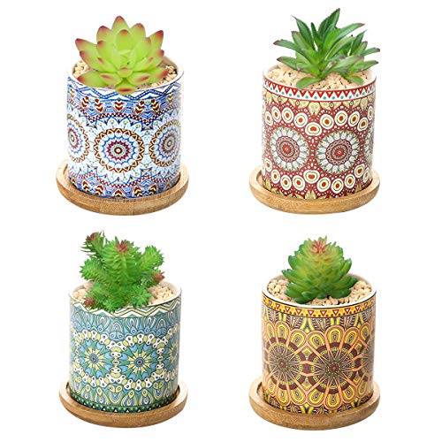 Mengxin 7 CM Macetas de Cerámica Patrón de Mandala Mini Maceteros Pequeños con Bandeja de Bambú para la Decoración del Jardín de la Oficina en Casa 4PCS