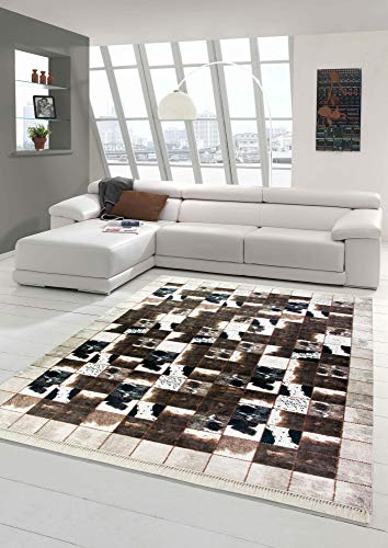 Merinos Alfombra de Piel de Vaca Patchwork en Crema Negro marrón Größe 160x230 cm