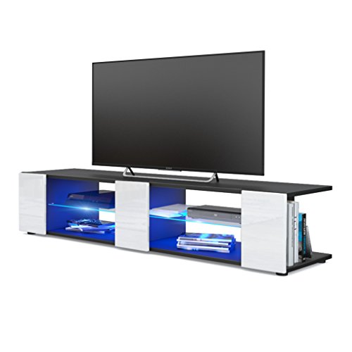 Mesa para TV Lowboard Movie V2, Cuerpo en Negro Mate/Frentes en Blanco de Alto Brillo con iluminación LED en Azul