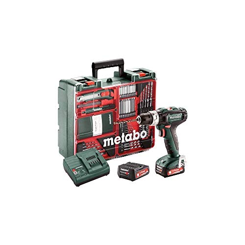 Metabo 601076870 601076870-Taladro percutor a bateria 12V / 2X 2,0 Ah Li-Ion PowerMaxx SB 12 Mobile Workshop con maletín, 12 V, Negro, Gris, Rojo