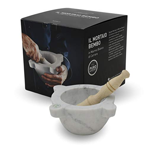 Mortero Bembo con Mano para Pesto o Especias en Blanco Mármol de Carrara - Modelo Genovese (ø 18 cm)