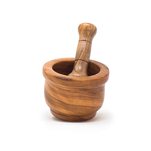 Mortero Mini de Madera Olivo para cocinar pequeñas cantidades o para decoración. Incluye Mano.Utensilio de Cocina frabricado artesanalmente en España(7x5.5)