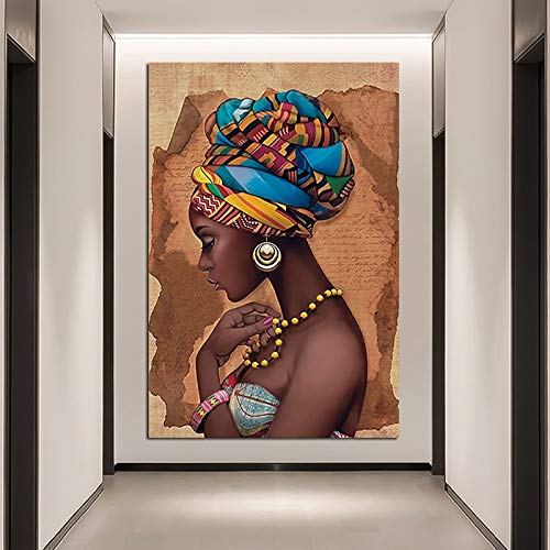 Mubaolei Retrato de Mujer Africana Cuadros de Pintura al óleo Carteles e Impresiones para la decoración del hogar de la Sala de Estar Pinturas en Lienzo 60x80cm