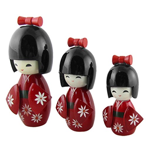 Muñeca de juguete de madera tallado floral Kokeshi 3 PC Rojo Blanco