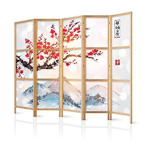 murando - Biombo XXL Flor de Cerezo Montanas 225x171 cm 5 Paneles Lienzo de Tejido no Tejido Tela sintética Separador Madera Design Moda Hecho a Mano Home Office Japón p-B-0002-z-c