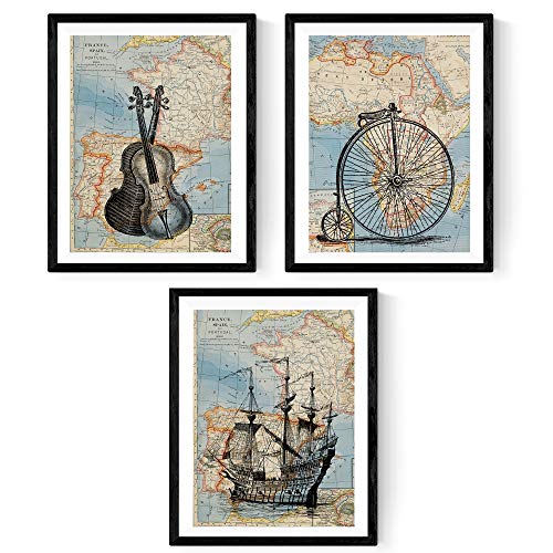 Nacnic Pack de 3 láminas para enmarcar MAPAS Vintage. Compuesto por Barco VELERO, Bicicleta Y VIOLINES