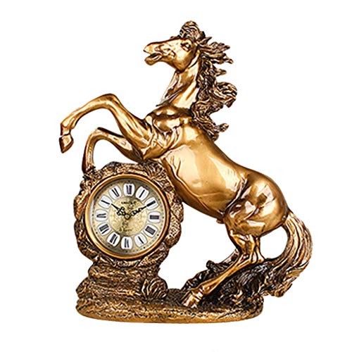 NBVCX Decoración de Muebles Reloj de repisa con campanillas Reloj Clásico Bronce Oscuro Caballo Resina Tallada Silencio Sentado Campana Entrada Reloj de Escritorio de Arte Antiguo 26cm41cm (Color: A)