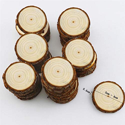 NLLeZ 50 unids 5-6 cm de Espesor de Pino Natural Redondo Rebanadas de Madera sin terminar círculos con Discos de Troncos de Corteza de árbol DIY Crafts Pintura de la Fiesta de Bodas