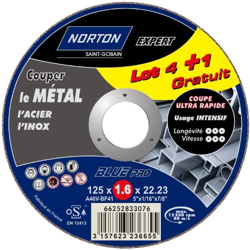 Norton - Lote de discos para amoladora (4 + 1 unidades, para metal, 125 x 1,6 x 22,2 mm)