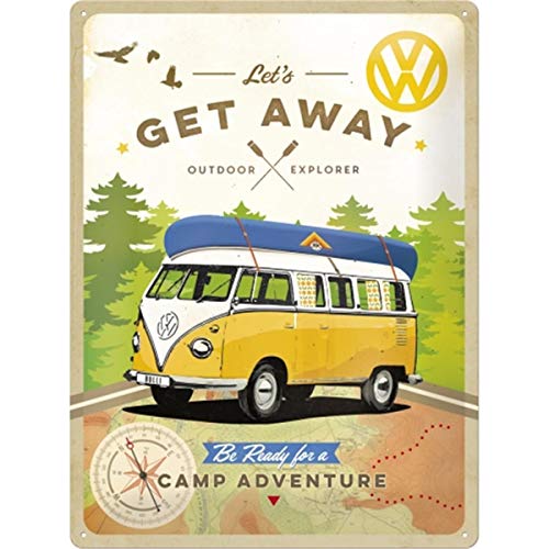 Nostalgic-Art VW Bulli Let's Get Away Placa Decorativa, Metal, Amarillo y Azul, 30 x 40 cm