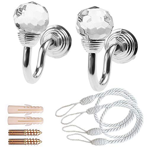 Nsiwem 2 Piezas Ganchos de Cortina de Metal Alzapaños Cortinas Cortina Tieback Hook Corbata Trasera Gancho con Bola de Cristal y 2 pcs Cordón para Cortinas Montado en Pared Plata