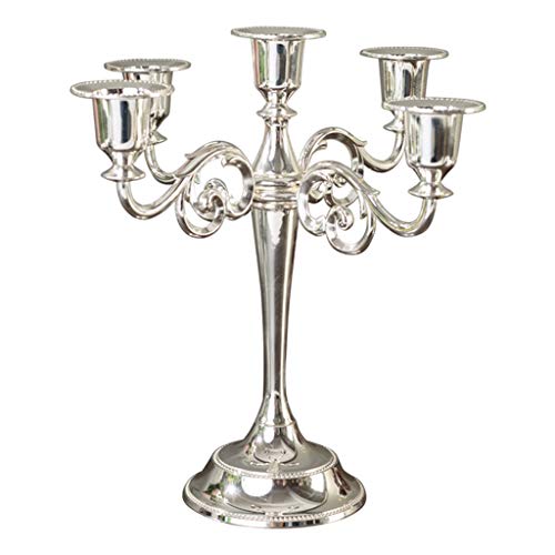 NYKK Portavelas Candelabro Elegante Europeo con 5-Madre Holder .Metal Candelabro Retro de la palmatoria for la luz de Las Velas Cena y decoración de la Tabla (Color : Silver)