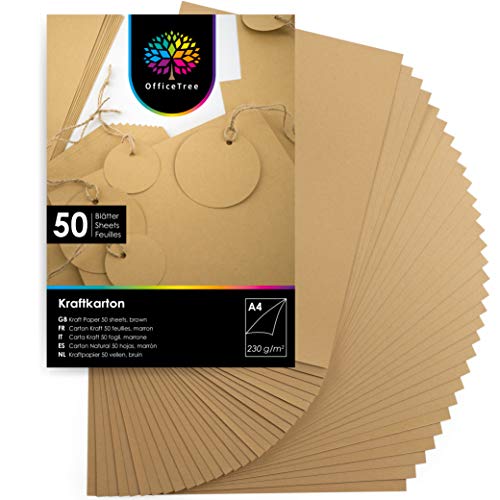 OfficeTree 50 hojas de papel marrón sin recubrir A4-230g/m² niños cartulina para para hacer manualidades, diseñar