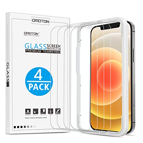 OMOTON Protector Pantalla Compatible con iPhone 12 Cristal Templado iPhone 12 Pro Protector Pantalla 12/12 Pro, Anti-arañazos, con Guía Marco, 4 Pack