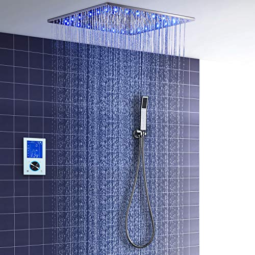 ONLT Set para la ducha,sistema termostático para la ducha con LED multifuncional, 495x495 mm,espray efecto spa, modo lluvia, 304 de acero inoxidable, con monitor táctil inteligente, ducha de mano