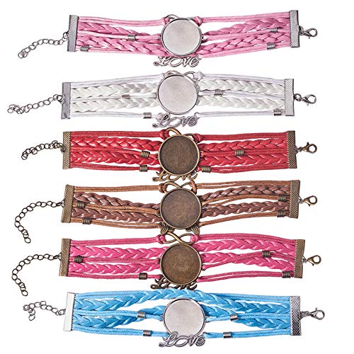 PandaHall 6PCS Pulsera de Cuero Tejido Mixto de múltiples Capas Ajuste de Bisel de Base en Blanco Bandeja de cabujón de Vidrio Redondo de 25 mm para Hacer Joyas de Bricolaje