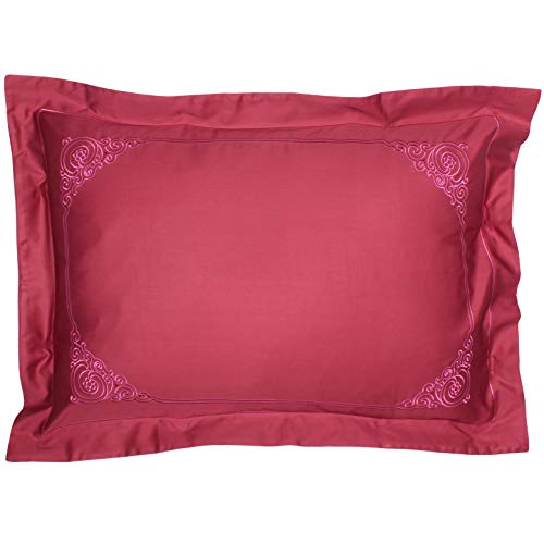 Par de fundas de almohada rectangular bordadas de satén de algodón de 150 hilos, tamaño 50 x 70 cm, con volante, color frambuesa, bordado morado, marca Badam TS Paris, fabricado en Francia