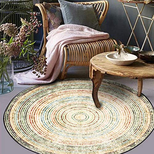 Patrón círculo Hilo Alfombra Redonda Retro Impreso Alfombra Suave Antideslizante Diseño Marruecos Estilo Bohemio Alfombrilla Silla para decoración hogar Dormitorio Sala Estar-Beige 140cm