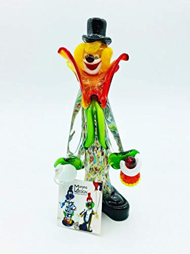 Payaso - Figura de cristal de Murano de estilo clásico con botella de vino y cuello rojo/verde - Producto original de Murano Glass, fabricado en Italia - 22 cm