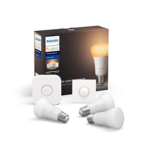 Philips Hue Pack de 3 Bombillas Inteligentes LED E27, con Bluetooth, Puente e Interruptor, Luz Blanca Cálida a Fría, Compatible con Alexa y Google Home