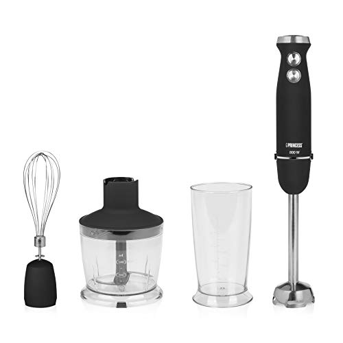 Princess 221220 Set de batidora de mano, Control de velocidad, 800 W, incluye taza de medir, picador y batidor, acabado de goma para un agarre ergonómico, acero Inoxidable, negro