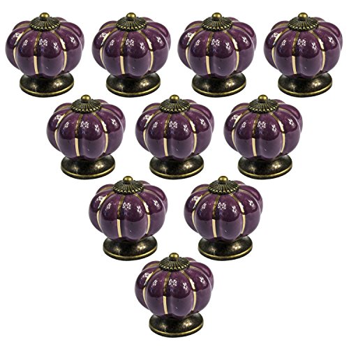 PsmGoods® - Perilla estilo europeo vintage de cerámica con forma de calabaza para puerta, cajón, aparador de cocina, armario, alacena, 10 unidades, morado