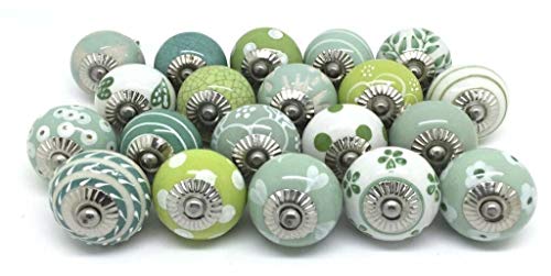 PUSHPACRAFTS Juego de 20 pomos de cerámica para puerta de armario o cajón, color verde y blanco crema